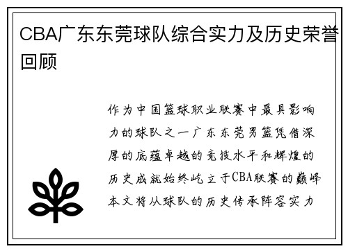 CBA广东东莞球队综合实力及历史荣誉回顾