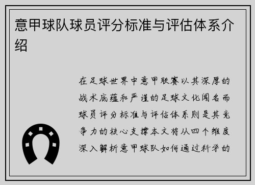 意甲球队球员评分标准与评估体系介绍