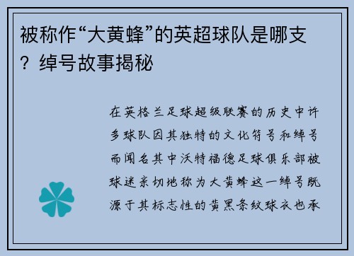 被称作“大黄蜂”的英超球队是哪支？绰号故事揭秘