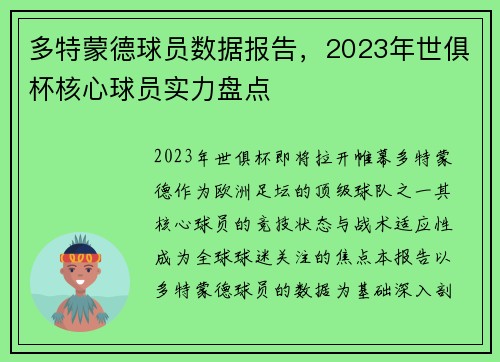 多特蒙德球员数据报告，2023年世俱杯核心球员实力盘点