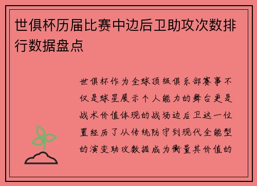 世俱杯历届比赛中边后卫助攻次数排行数据盘点